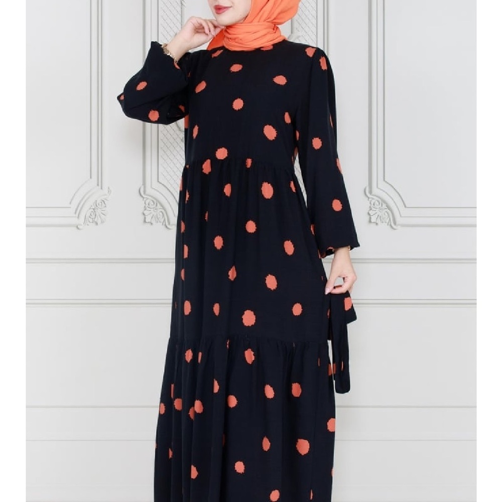 Chic Long Sleeve Black Dress with Orange Polka Dots